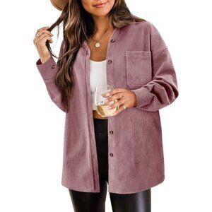 Women Pink Collared V Neck Button Down Oversized Long Sleeve Shirt Top